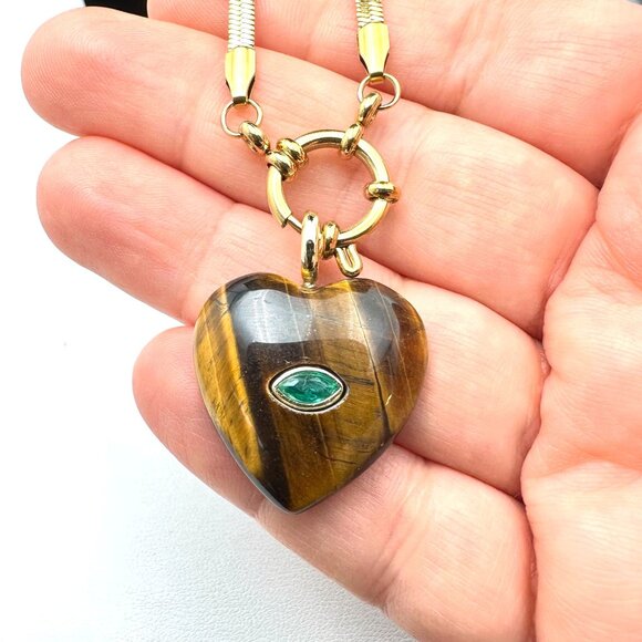 Tiger Eye Green Aperture Heart Evil Eye Pendant Necklace 18K Gold Plated 19 Inch - Picture 3 of 7